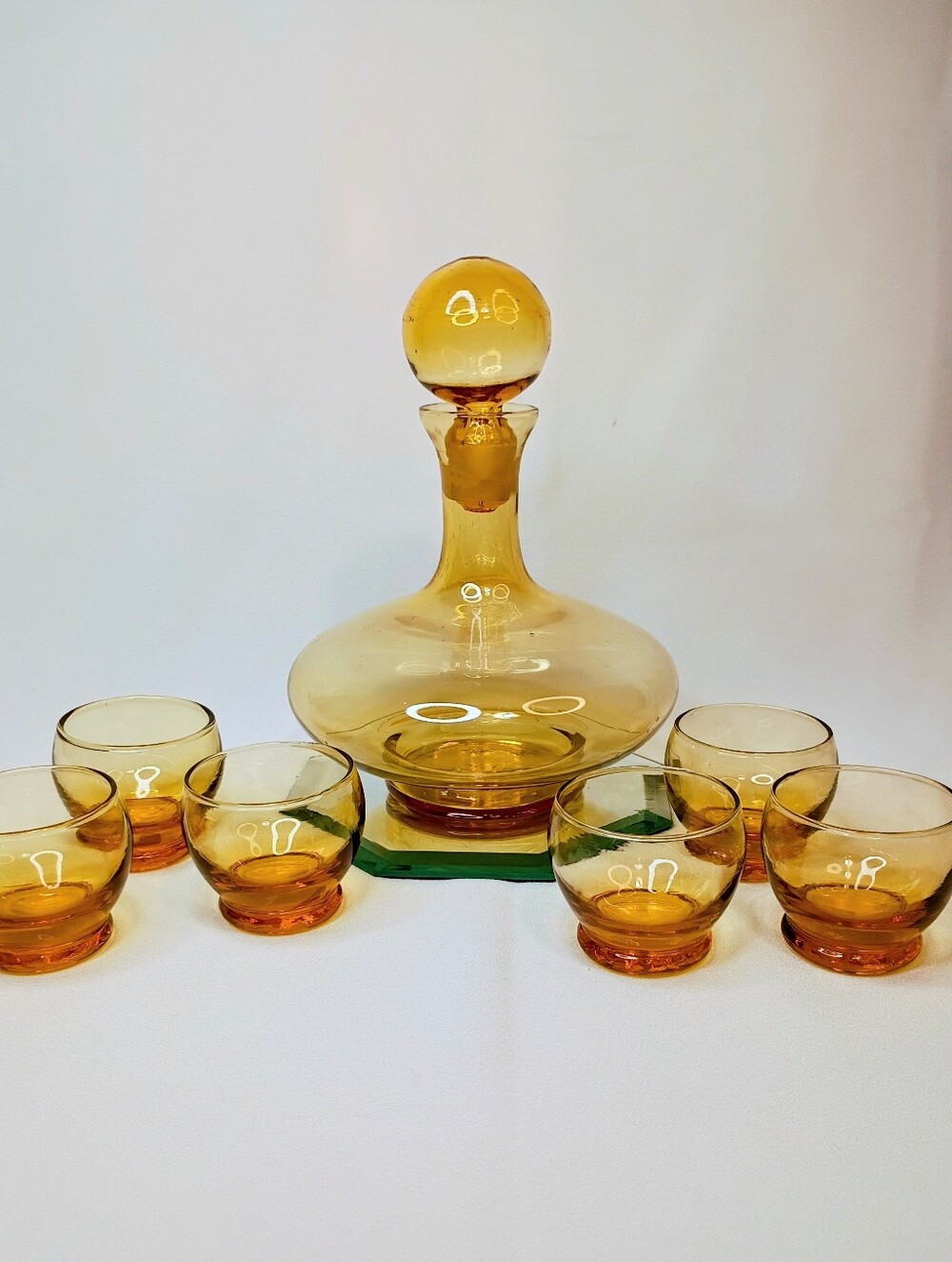 Italian Blown Amber Glass Decanter Set with 6 Cordial Cups